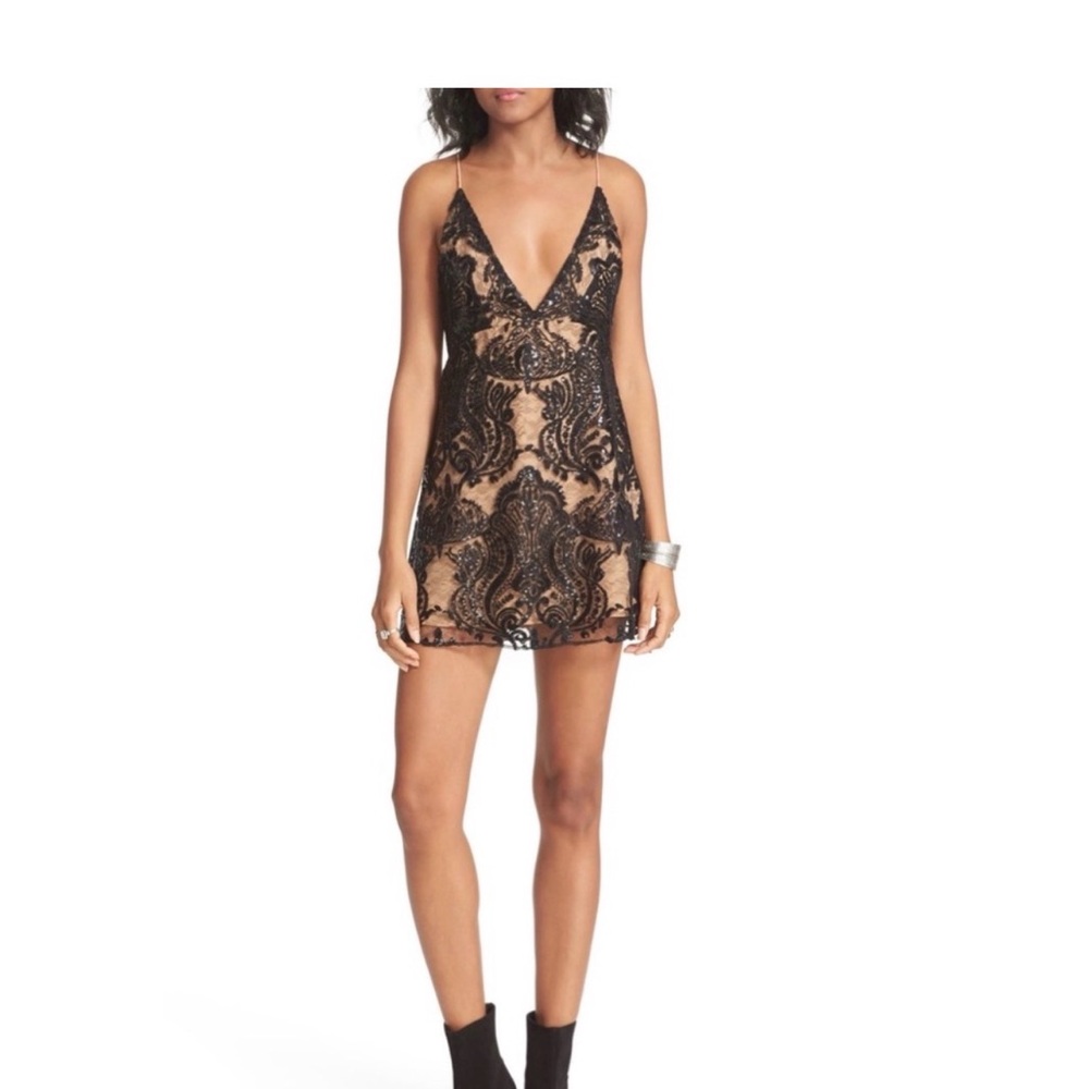 Free People Black and Tan Lace Mini Dress
